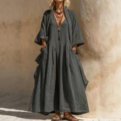 Neues böhmisches V-Ausschnitt bedrucktes langes Kleid lockere Sonnencreme-Bluse Strandurlaub Strandkleid