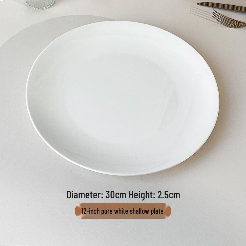 Piatto Rotondo in Ceramica Bianca Pura con Bordo Spesso per Cibo Occidentale e Saltati in Padella