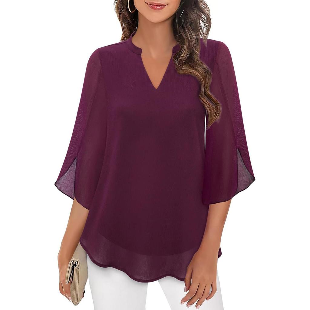 V Petal Temperament Sleeve Women Neck Chiffon Blouse Summer Loose Slimming Lady Blouses Shirts For Women Fashion 2025 Elegant