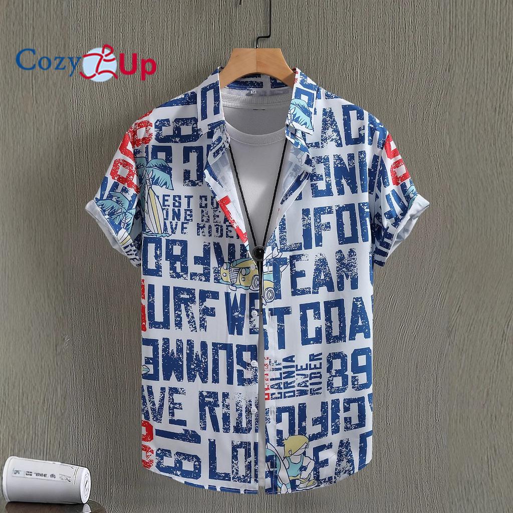 Cămașă cu mânecă scurtă pentru bărbați cu imprimeu cu palmier de cocos și litere, cămașă pentru bărbați, modă casual, cămașă de vară