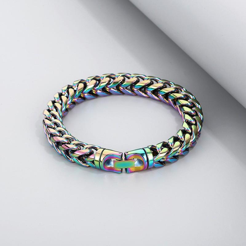 Rainbow Bbracelet 10mm Hip Hop Herringbone Chain Bracelet for Men Rock 316L Stainless Steel Multicolour Motorcycle Party Jewelry