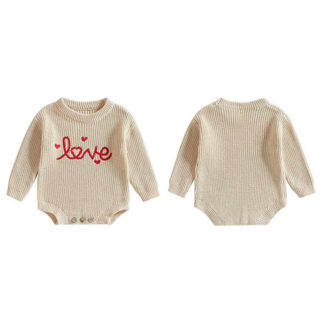 Baby Girl Valentine 's Day Romper Long Sleeve Round Neck Letter Embroidery Knit Bodysuit Newborn Outfit
