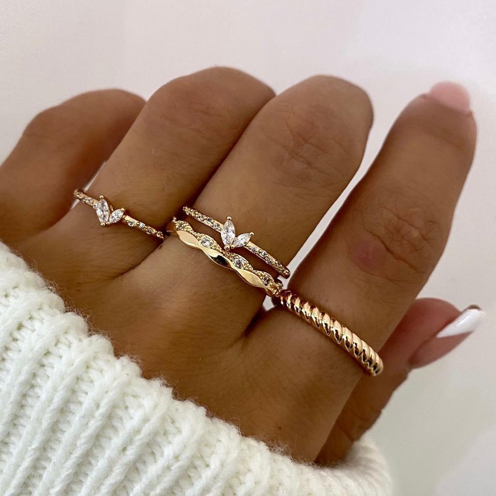 European and American jewelry, trendy ins geometric glass ring 1-piece set, temperament versatile diamond-set stacked jewelry women