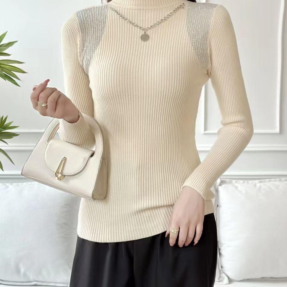 Women's Half Turtleneck Sweater Rhinestone Hollow Knit Pullover Sweater Autumn and Winter Solid Color Slim Fit Sweater Top