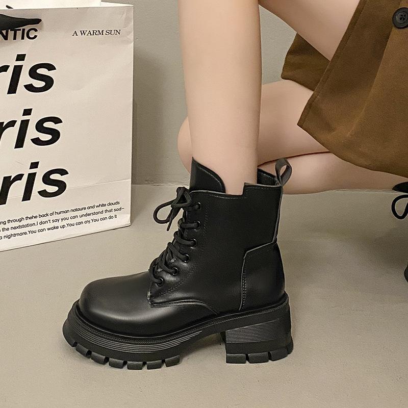 Thick-soled Martin Boots Women's 2025 Autumn New Single Boots Black Thin Boots Lace-up Locomotive Short Boots