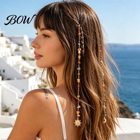 Boho Style Hair Clips 2Pcs Bohemian Long Tassel Braided Chain with Clips, Colorful Sea Themed Accessories Sun Moon Pendant, Jewelry for Party Festival