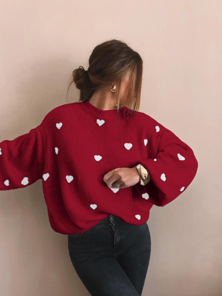 Heart Knit Sweater - Women's Autumn/Winter Casual Round Neck Pullover