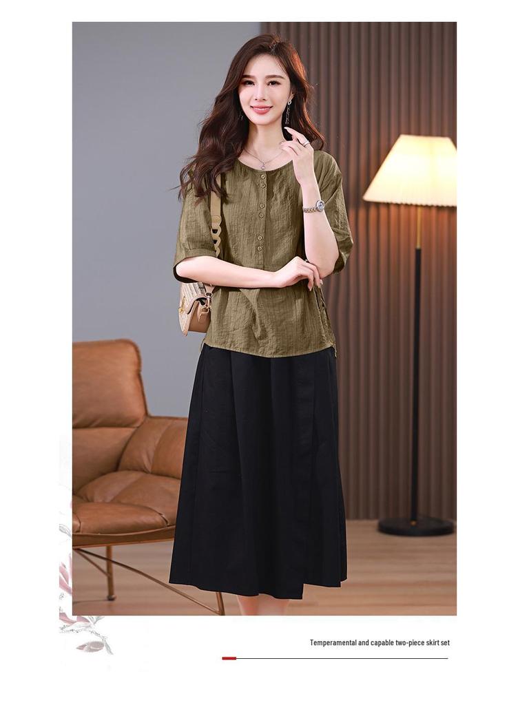 2025 Summer Fashion Tencel Two-Piece Set: Age-Reducing Mom Casual Blouse & Loose Midi Skirt