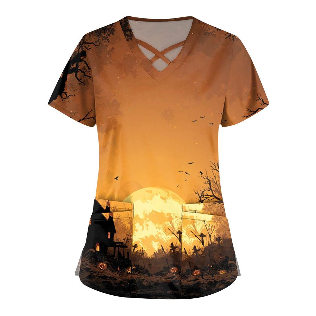 Damenmode V-Ausschnitt Kurzarm Overalls Doppeltasche Halloween Aufdruck Oberteile Bekleidung