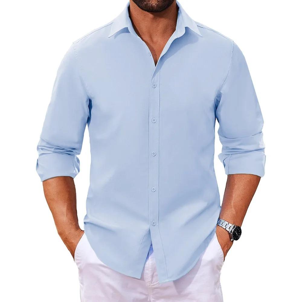 Spring Autumn Men's Shirt Long Sleeve Solid Color Casual Tops Lightweight Breathable Lapel Collar Vacation Cozy Shirts