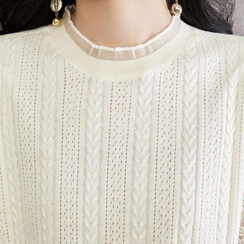 Spring Women's Lace Lantern Sleeve Hook Flower Hollow Knit Sweater Thin Cut with Black Fungus Collar Short Base Top