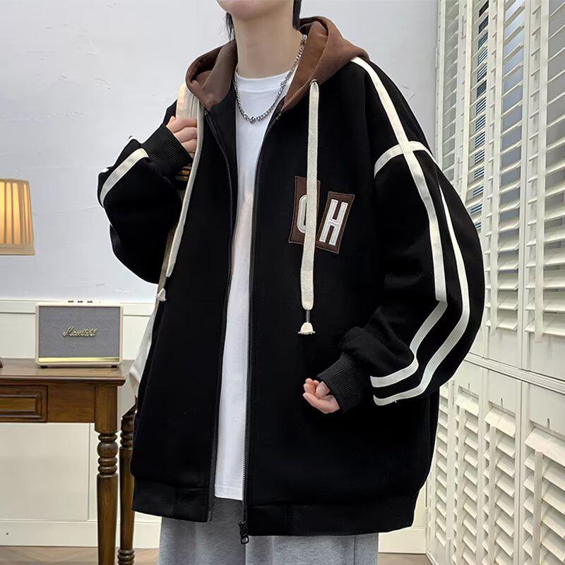 Herren Plus Size Hoodie Cardigan Sweatshirt, Herbst/Winter Lässig Teenager High School Baseballjacke. L schwarz