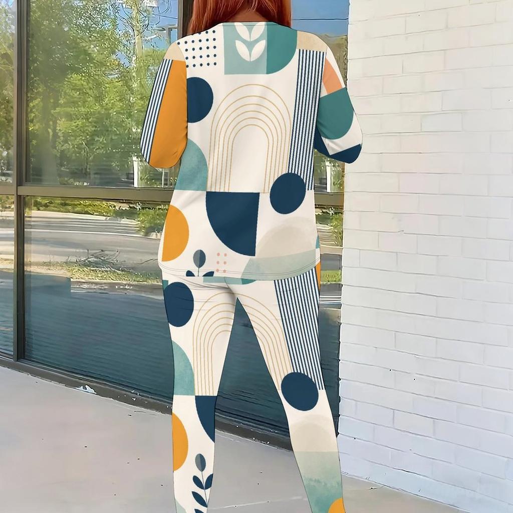 Women Plus Size Cream White Dots Printed Round Neck Long Sleeve Fitted Two Piece Pants Set With Pockets