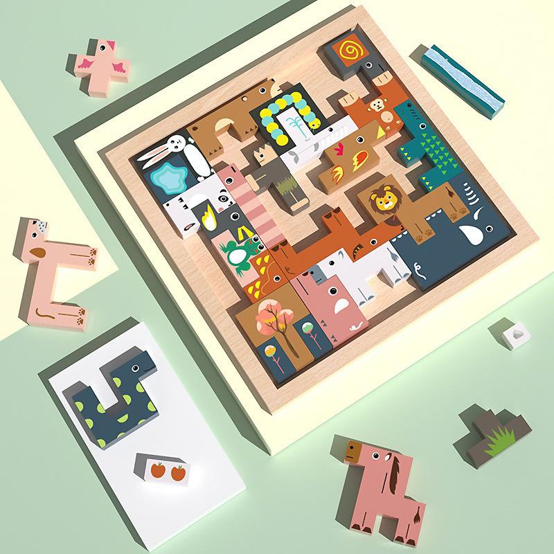 Bai Fen Bai Dolls And Toys Kids Cartoon Animals Tetris Wooden Three-Dimensional Block Puzzle Kindergarten Early Education Educational Toys