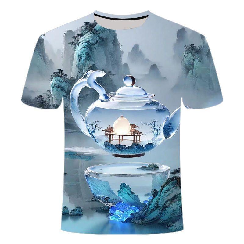 

Летняя новая мужская и женская футболка с короткими рукавами и рисунком пейзажа в виде чайника с 3D-принтом 6XL
