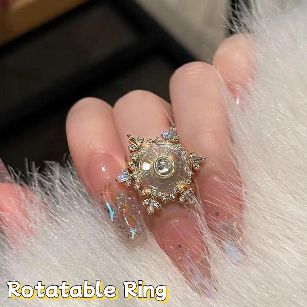 Light Luxury Snowflake Ring Crystal Zircon Finger Ring Rotatable Snowflower Ring  Anniversary