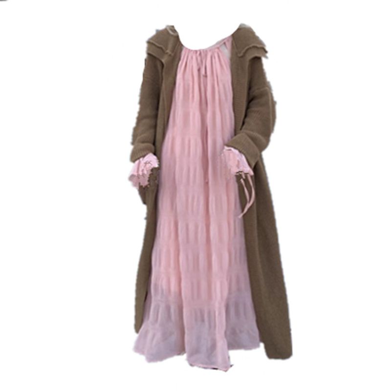 

100.00кг Экспортная одежда больших размеров для женщин Высокий Грейпфрутово-розовый Ленивое плиссированное платье Свитер Кардиган Средней длины Длинный Длина Прилив 3079 grapefruit powder Dress M