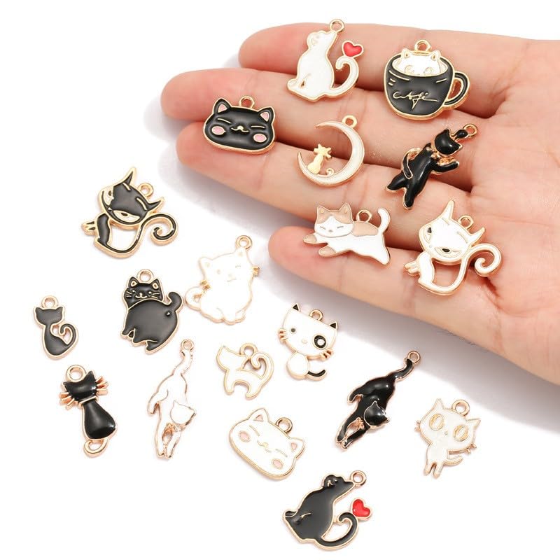 QUANSHENL Charm 34 Pieces Cat Black + White Deco Parts Alloy Accessory Strap Keychain Necklace Cute DIY
