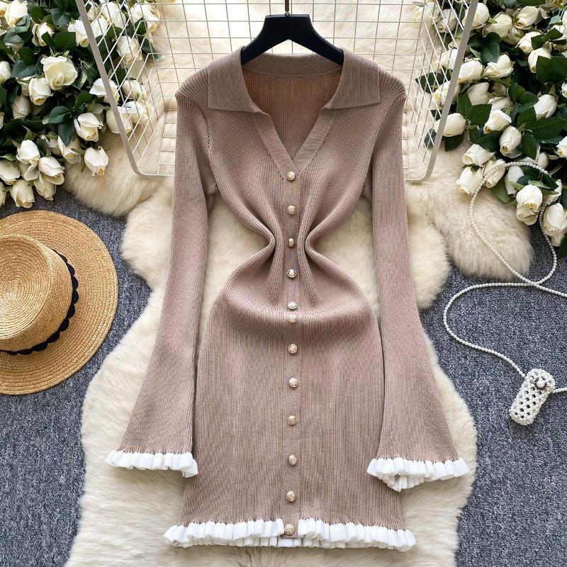 Elegant Knitted Dress for Women Autumn New Ruffle Edge V-neck Slim Long Sleeve Mid Length Ladies Evening Dresses Knitted Sweater