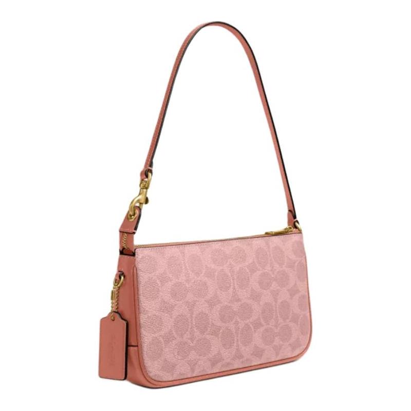 COACH Plaza 21 Printed Design Gold Chain Hardware Coated Canvas and Calfskin Shoulder Bag Small Women’s Melon Pink