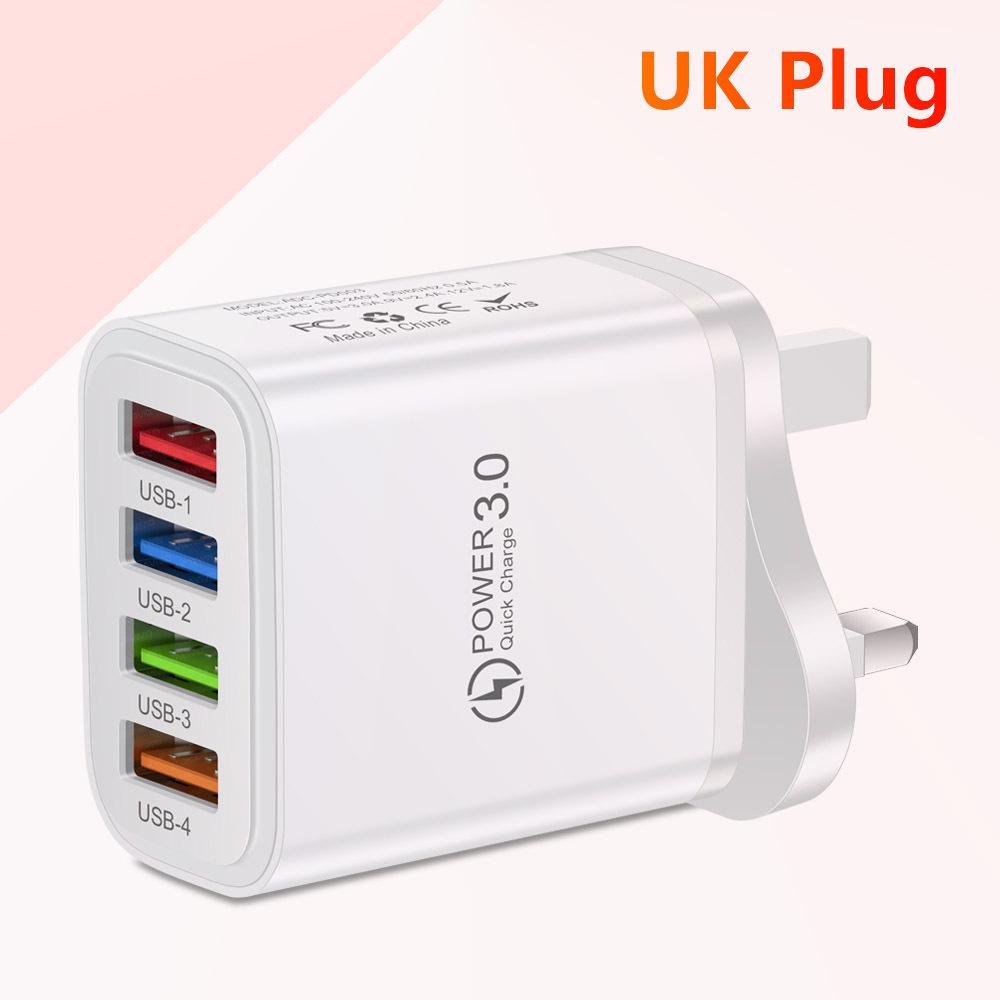 Colorful 4-Port 3A USB Travel Charger with US/EU Plugs for Mobile Phones