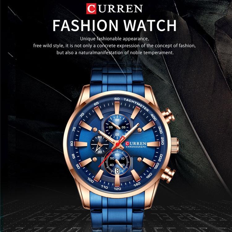 CURREN Ceas cu curea din oțel Calendar simplu, cadran mare, ceas de afaceri, rezistent la apă, moda bărbaților