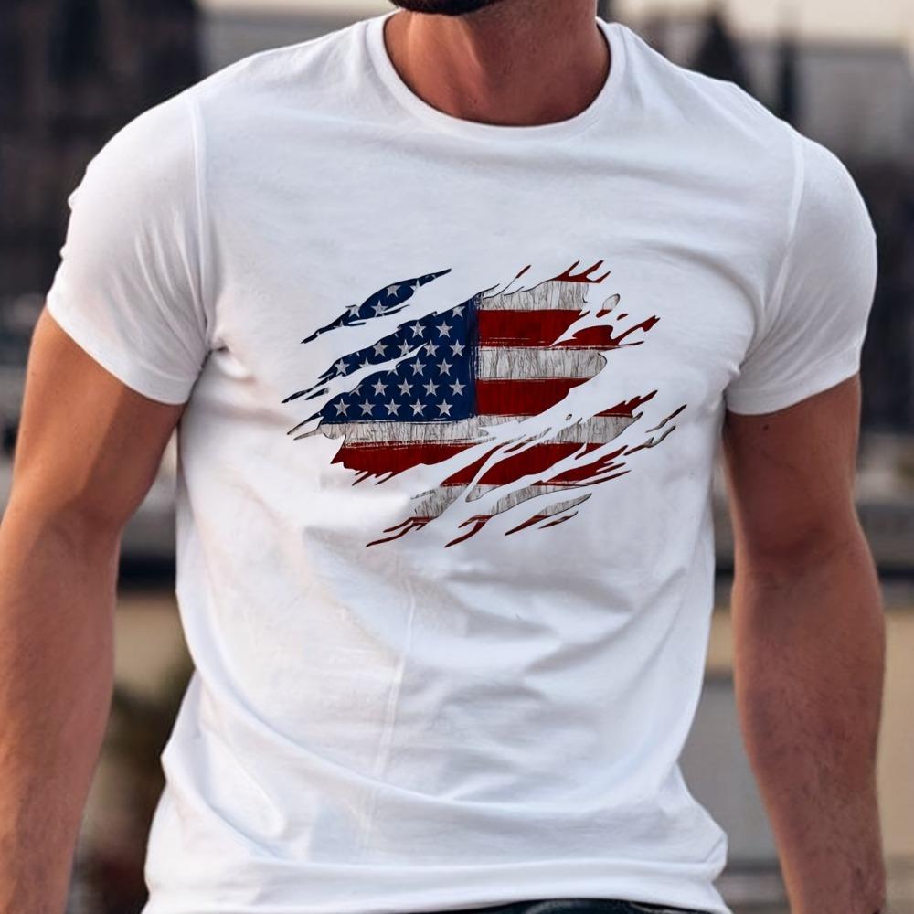 American Flag Pattern Print Men Cotton Summer Casual Loose Size Trendy Round Neck Short Sleeve T-shirt Top