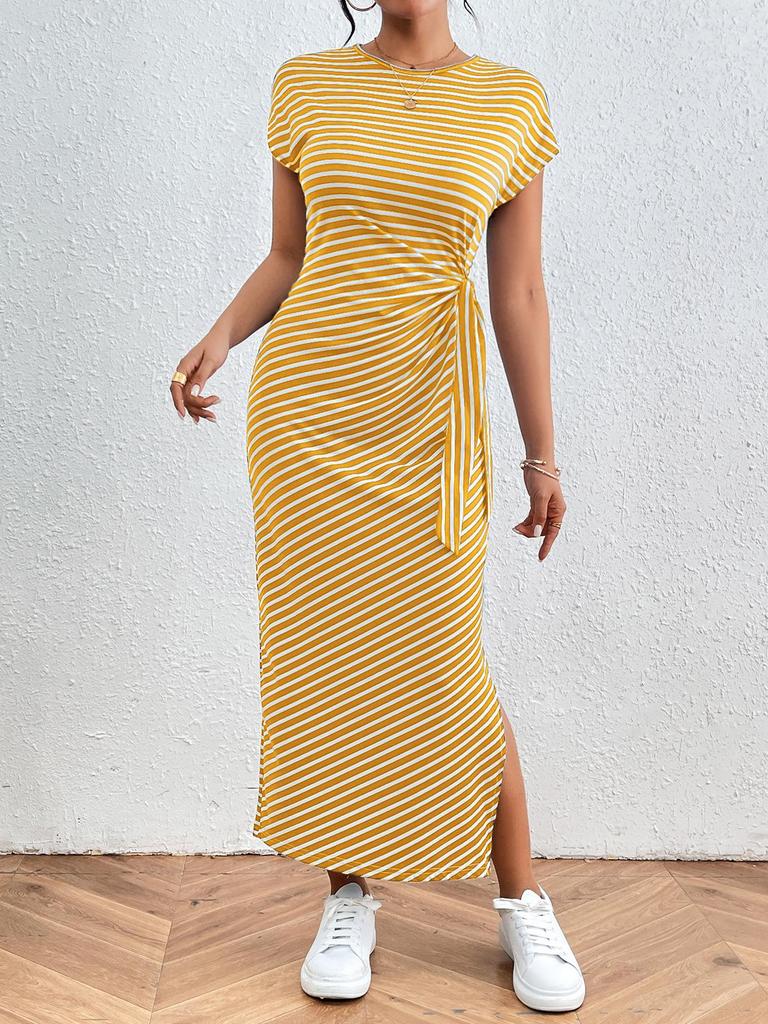 Women's Striped Midi Dress with Tie Waist and Side Slit