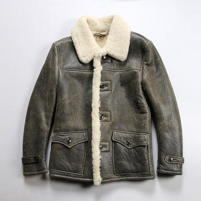 Casual Large Button Lapel Sheepskin Fur Integrated Leather Jacket Men's Push Crack Fur Jacket