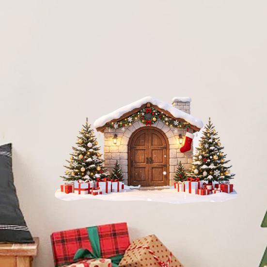Holiday Party Supplies Snow House Wall Sticker for Christmas, Waterproof Stone Winter Decoration Decal, Removable Mural Living Room Bedroom Decals
