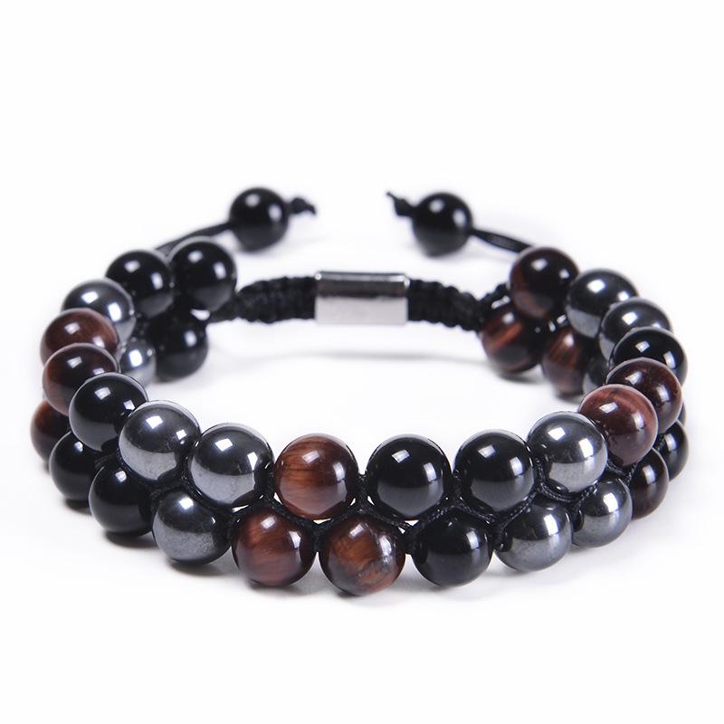 Men's Double-Layer Blue Tiger Eye & Black Agate Magnet Bracelet