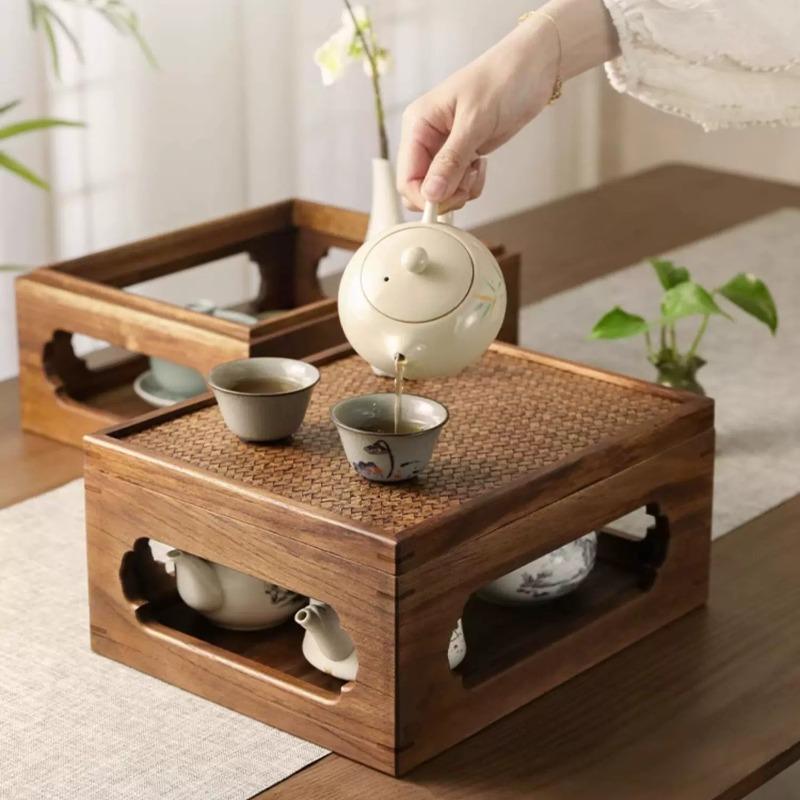 Solid Wood Kungfu Tea Set Storage Box, Dustproof Tea Tray Shelf, Multifunctional Organizer Rack for Home Daily Tea Ceremony
