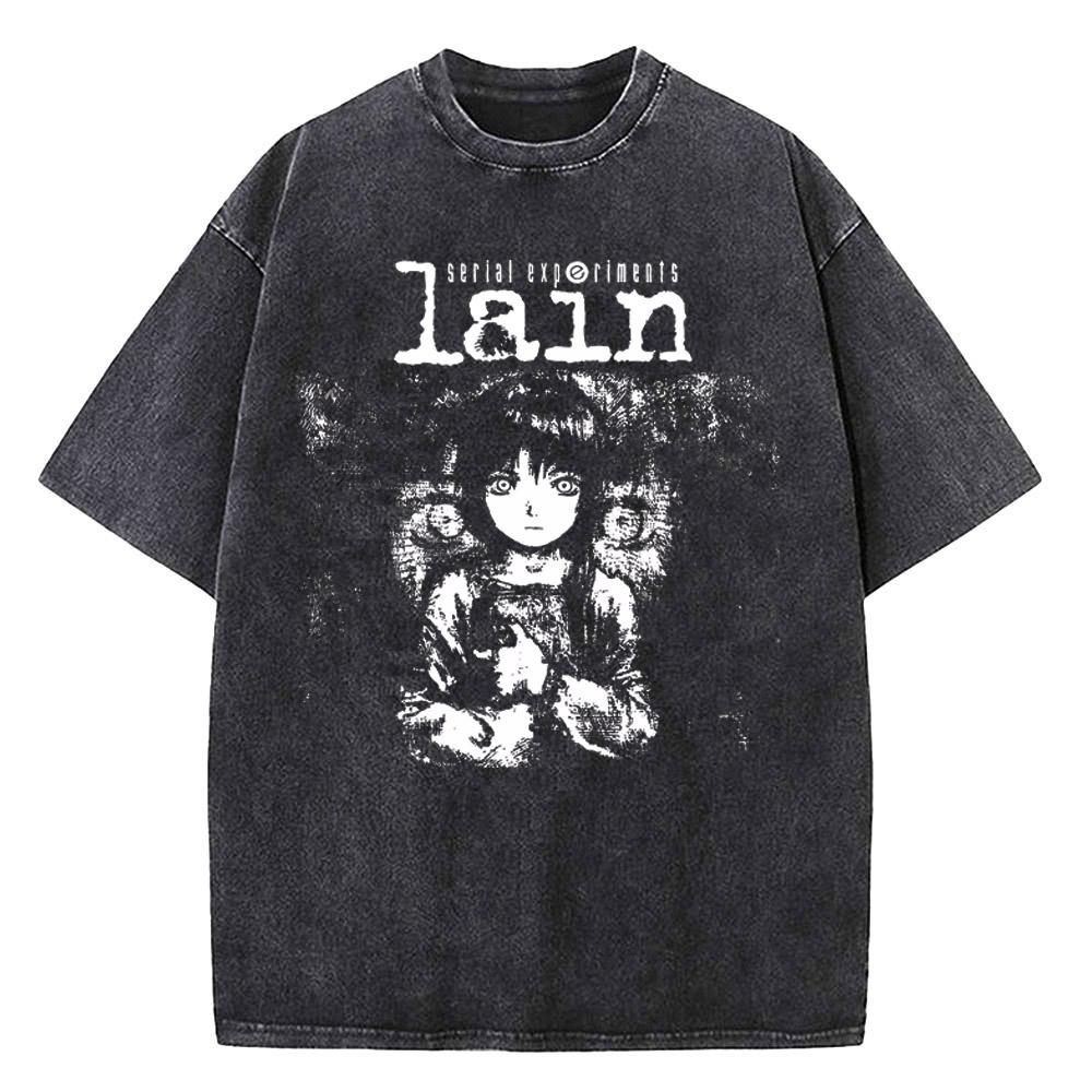 Japanese Anime Serial Experiments Lain Vintage Washed T Shirt Men High Quality Cotton Manga Short Sleeve Fashion T Shirt Women