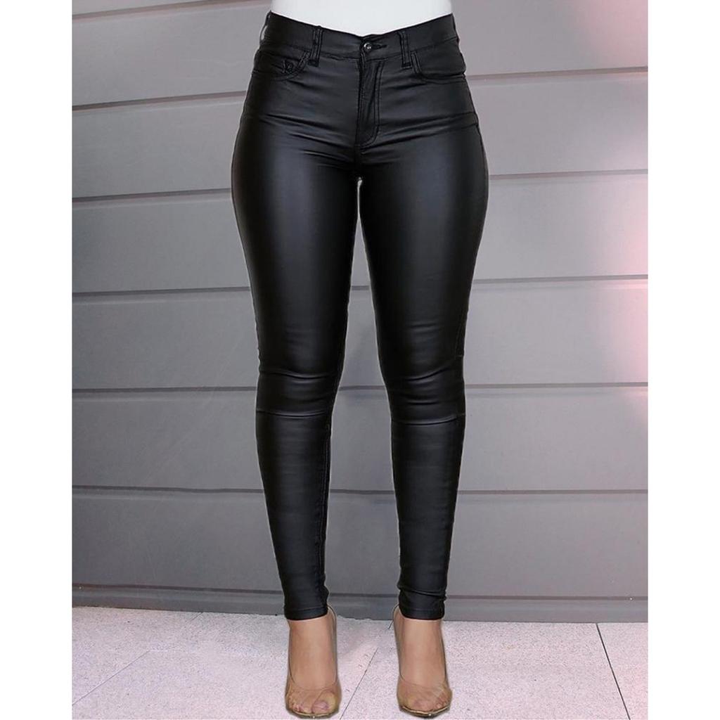 Women's Solid Color Stretch PU Leather Pants, Fashion Sexy Skinny Tight Leggings for Ladies, Crossborder Outfits