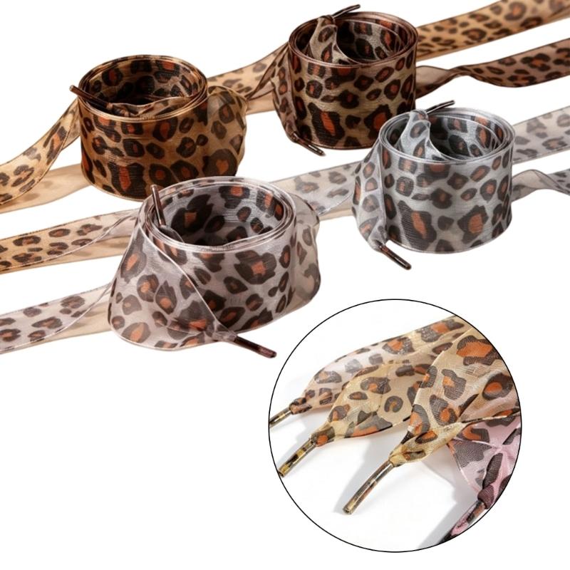 Replacement Ribbon Shoelaces for Canvas Shoes and Sneakers, Leopard Print Sheer Shoelace with Aglets for Footwear Styling, 4 Pair