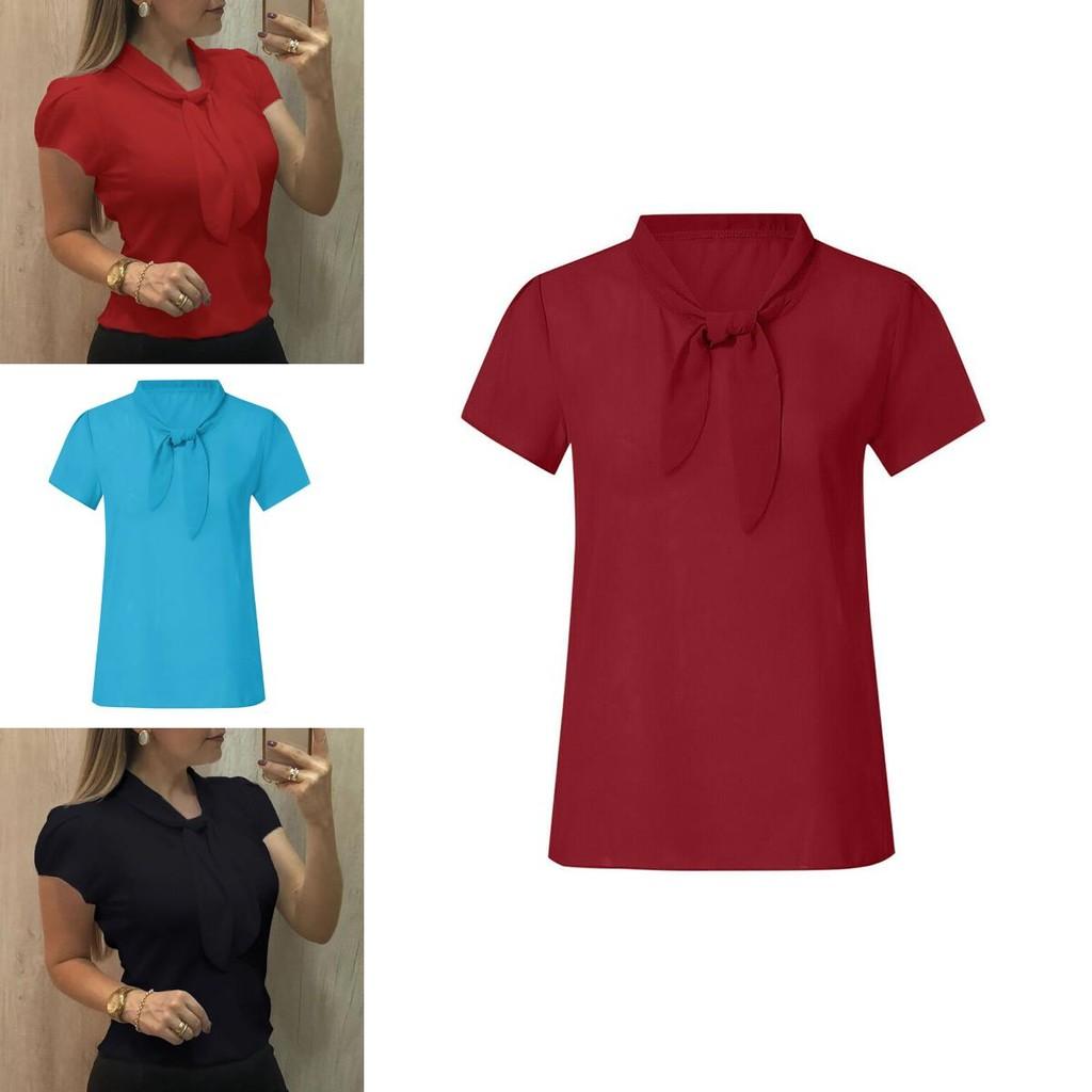 Versatile Fashion Women Short Sleeve Bow Chiffon T Shirt Blouse For Summer Casual Wear