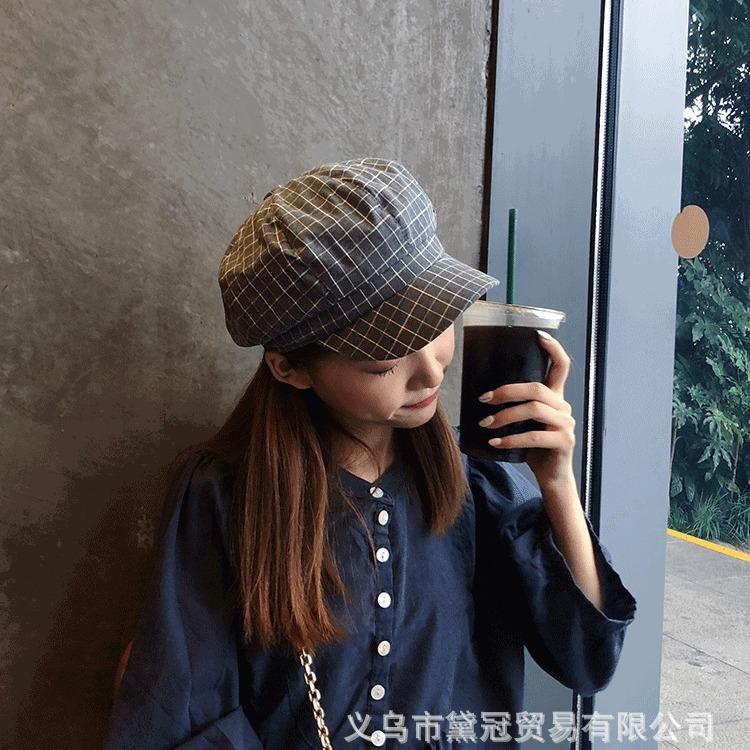 Versatile plaid thin octagonal hat British retro student cap Casual painter hat Newsboy hat Children