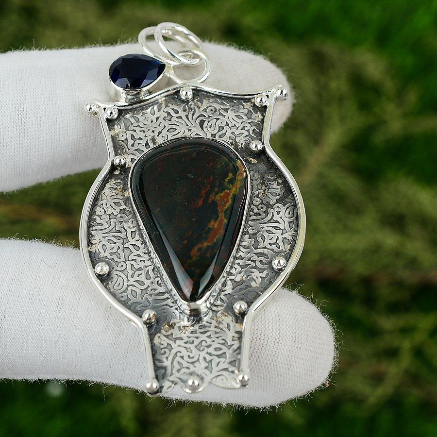 925 Silver March Bloodstone Stone Tanzanite Quartz Bezel Mother Pendant Jewelry