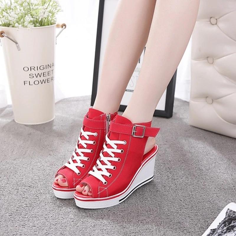 Fashion New Spring Summer Women's High Wedge Canvas Fish Mouth Shoes Korean Version of The Slope Open Toe Hollow Lace Up Canvas Shoes