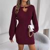 Autumn Winter Solid Color Woolen Dress O-Neck Lantern Sleeve Hollow Out Knitted Dresses for Women Fashion Casual