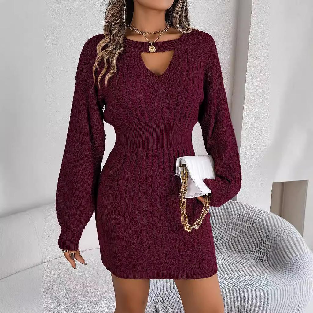 Autumn Winter Solid Color Woolen Dress O-Neck Lantern Sleeve Hollow Out Knitted Dresses for Women Fashion Casual
