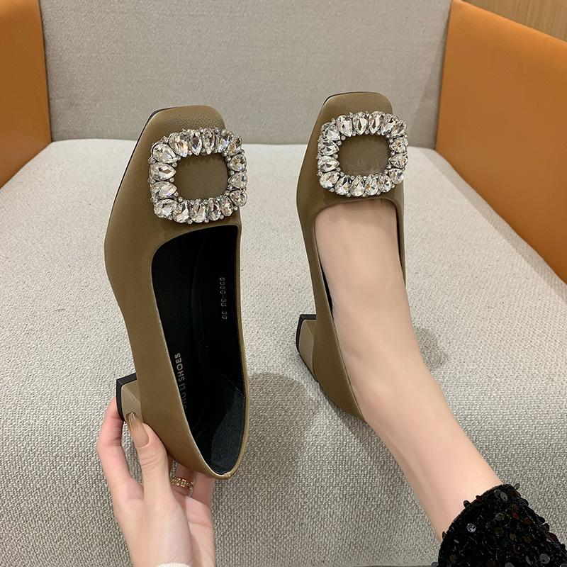 Temperament Single Shoes, Black Light Mouth Rhinestones, High Value, Fashionable Square Head Flat Bottom High Heels, Square Buckle Spring Models
