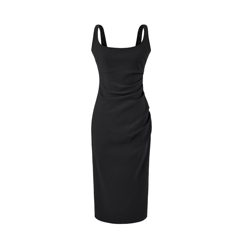 Elegant Square Neck Slim Fit Pleated Waist Bodycon Dress