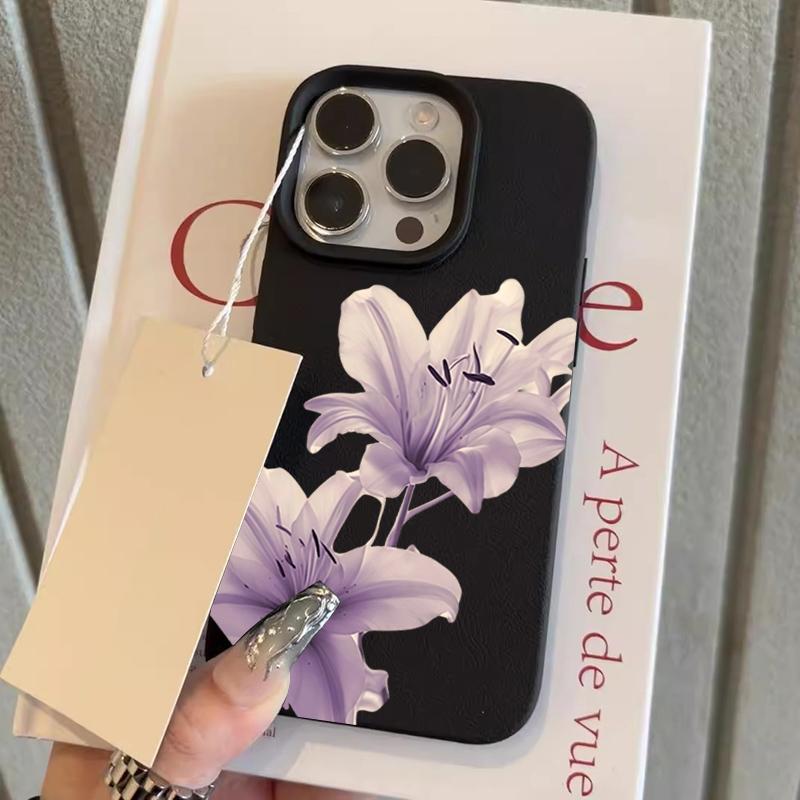 

Phone Case For iPhone 11 12 13 14 15 16 17 Pro Max 14 Plus 17Air Purple Lily Flower Pattern Lychee Texture Silicone Soft Cover iPhone 14 Pro Max