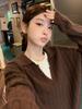 100% Pure Wool Color Block Lapel Korean Style Pullover Knitwear - Women's Autumn Winter Loose Cable Knit Sweater
