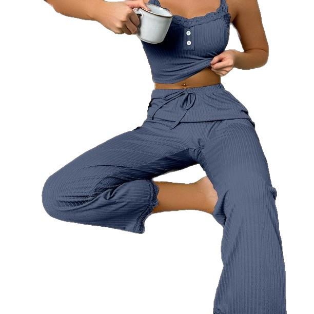 Women's Multi-Color Lace Trim Camisole and Long Pants Summer Pajama Set