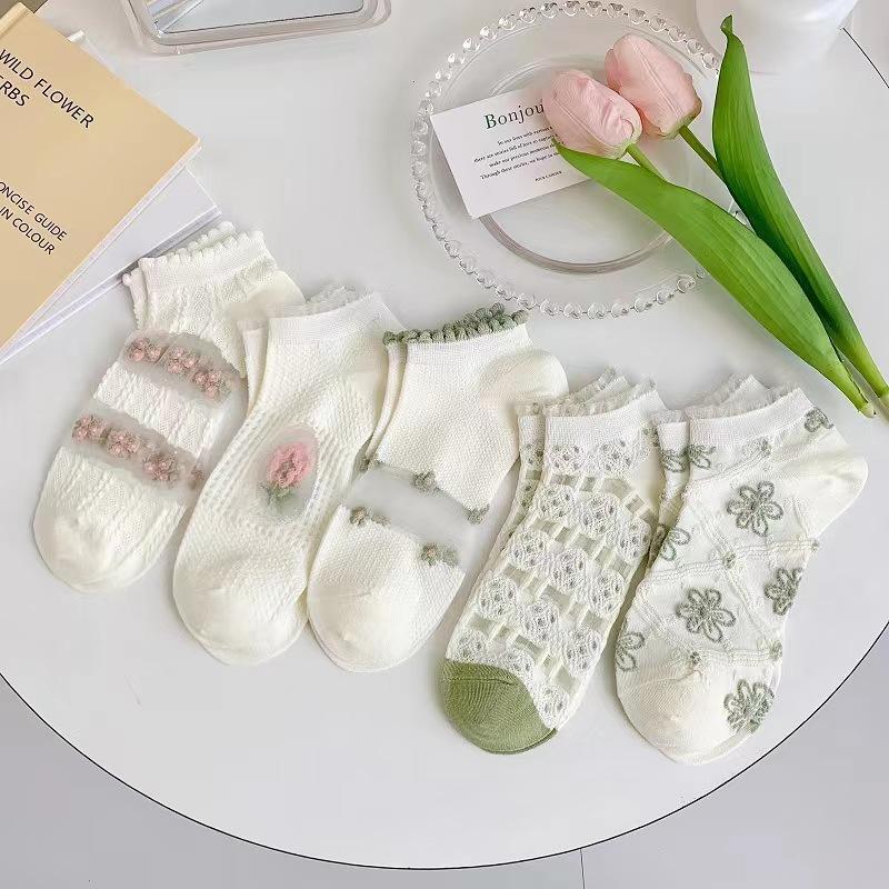 5/10 Pairs Women Floral Edge Breathable Short Socks Spring Summer Thin Mesh Breathable Fashion Sweet Floral Pattern Casual Socks