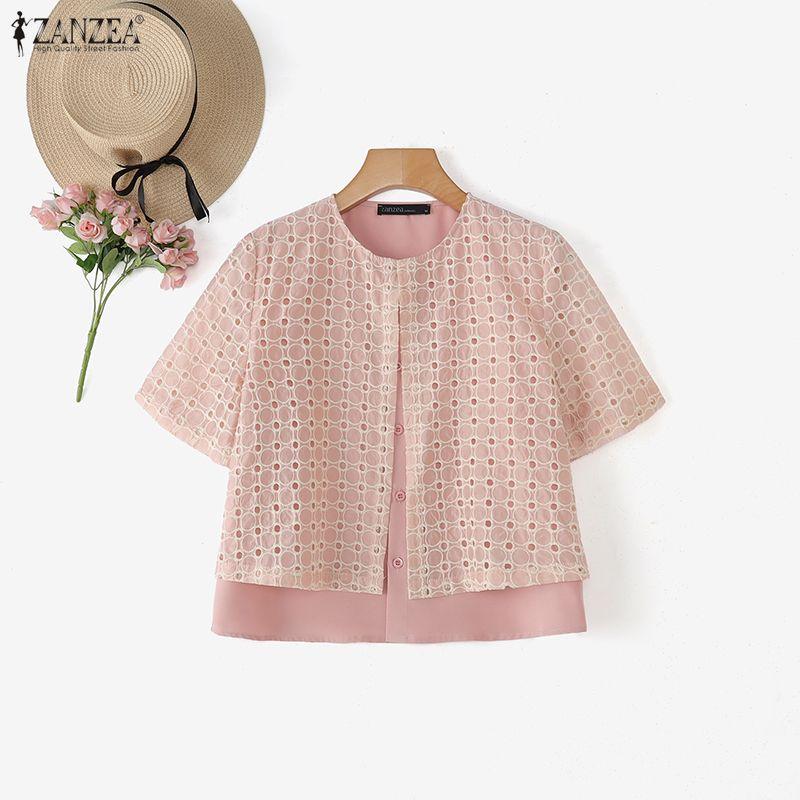

ZANZEA Ethnic Women Short Sleeve Crochet Patchwork Buttons Fake Two-piece Casual Blouse S розовый