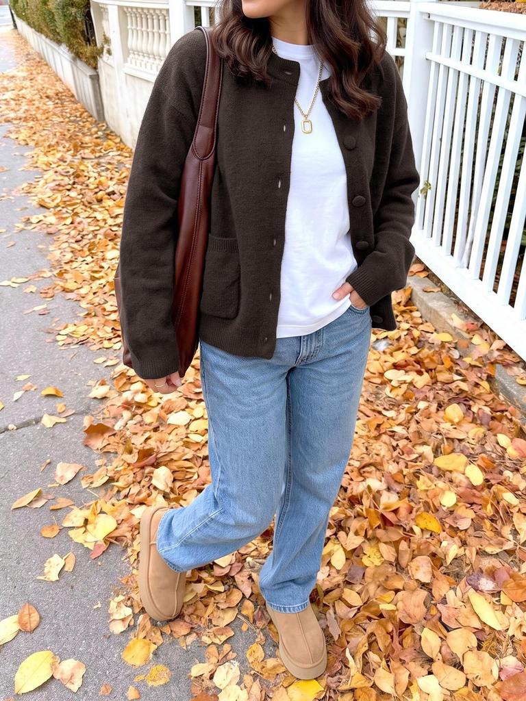 2026 Autumn/Winter Women's European & American Solid Color Long Sleeve Knit Cardigan - Versatile Loose Fit Sweater Coat