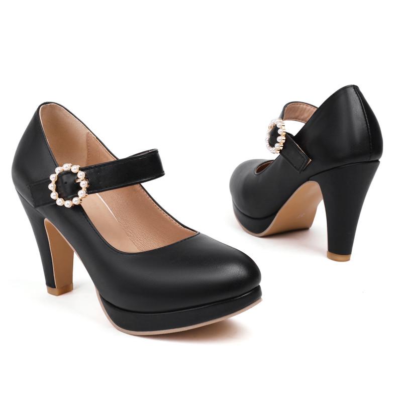 Enkeltsko med høye hæler for kvinner vår og høst nye enkel vanntett plattform tykk hæl grunt munn stor størrelse fire årstider sko